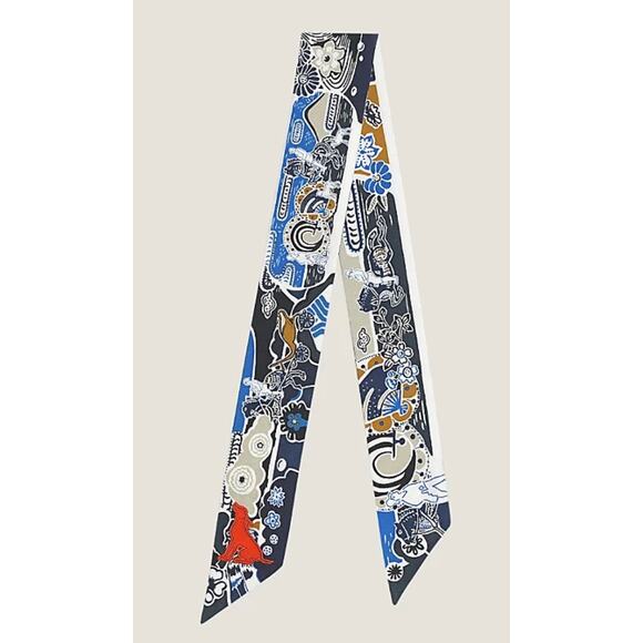 Hermès Printed Silk Bingata Sticker Twilly Marine Tabac Bleu Vif - Picture 1 of 12